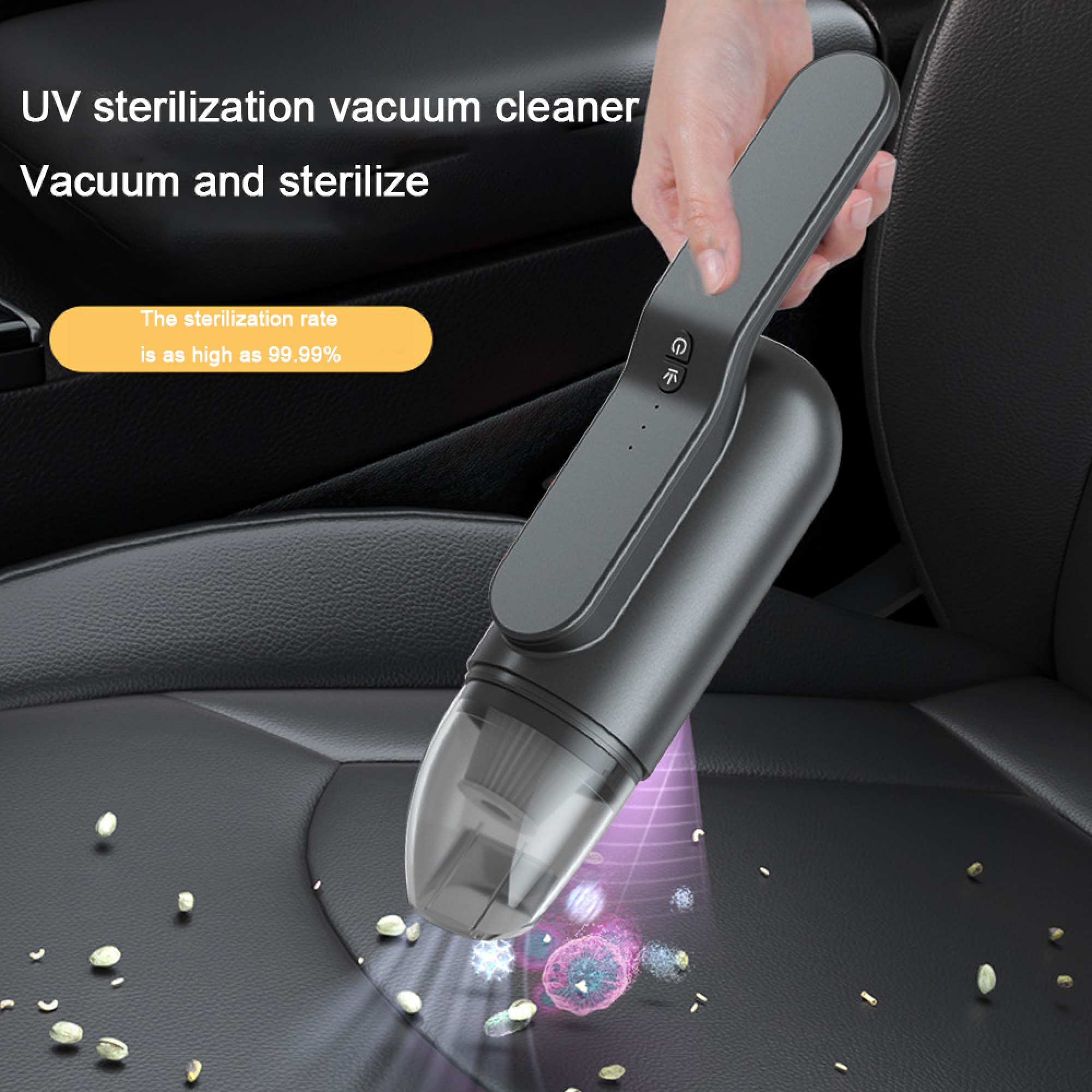 Ein Handgriff hält einen dunklen UV-Sterilisationsstaubsauger über einen schwarzen Autositz.