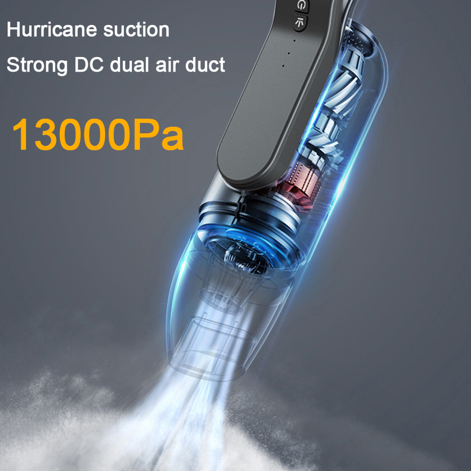 Ein Staubsauger mit transparentem Behälter, der 13000 Pa Saugkraft erzeugt.