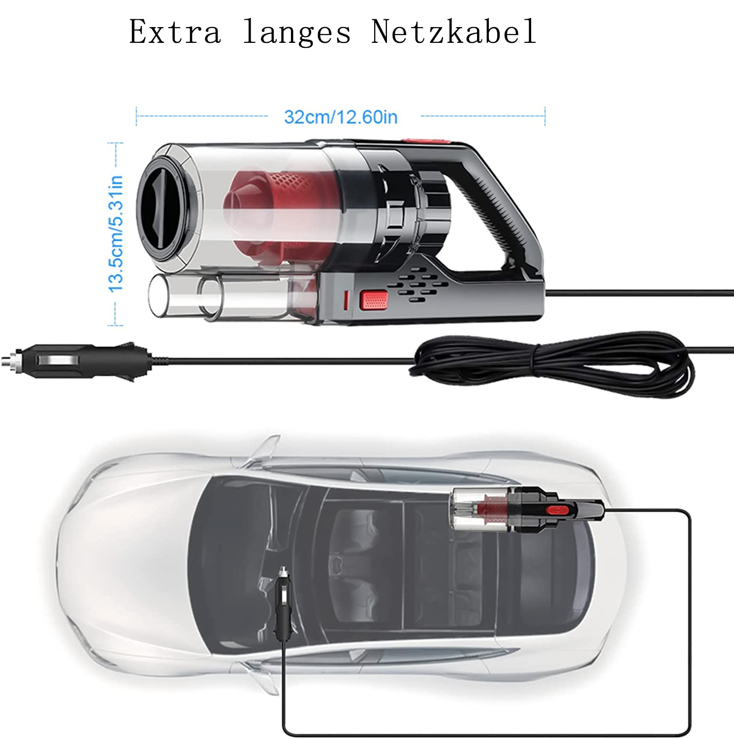 Ein tragbarer Autostaubsauger mit langem Kabel, angeschlossen an einen Zigarettenanzünder.