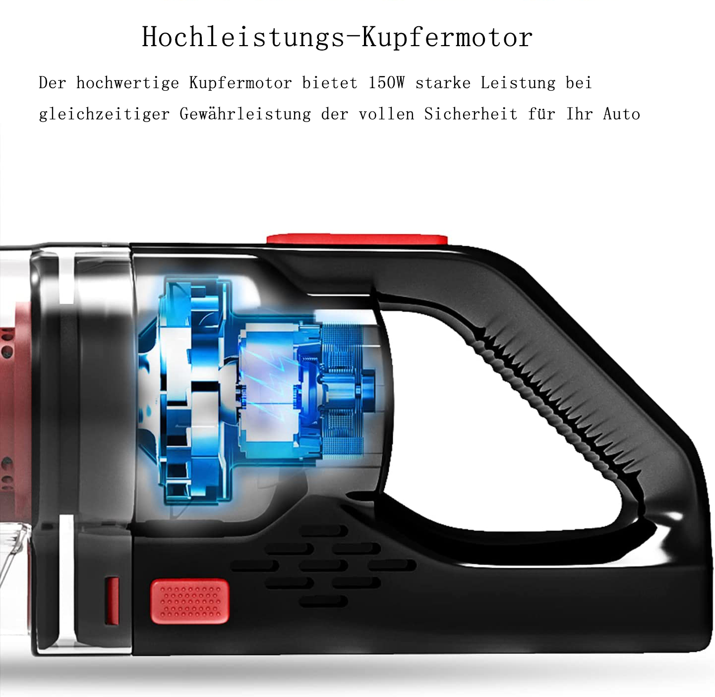 Schnittansicht eines schwarzen Motors mit sichtbarem Kupferkern und blauen Akzenten.