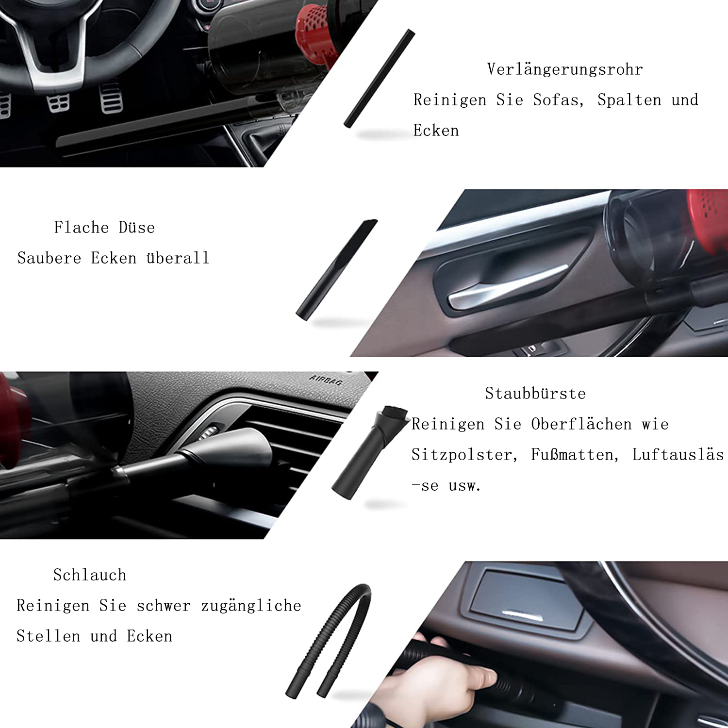 Auto-Innenraumreinigung mit verschiedenen Aufsätzen: Düse, Rohr, Bürste, Schlauch.