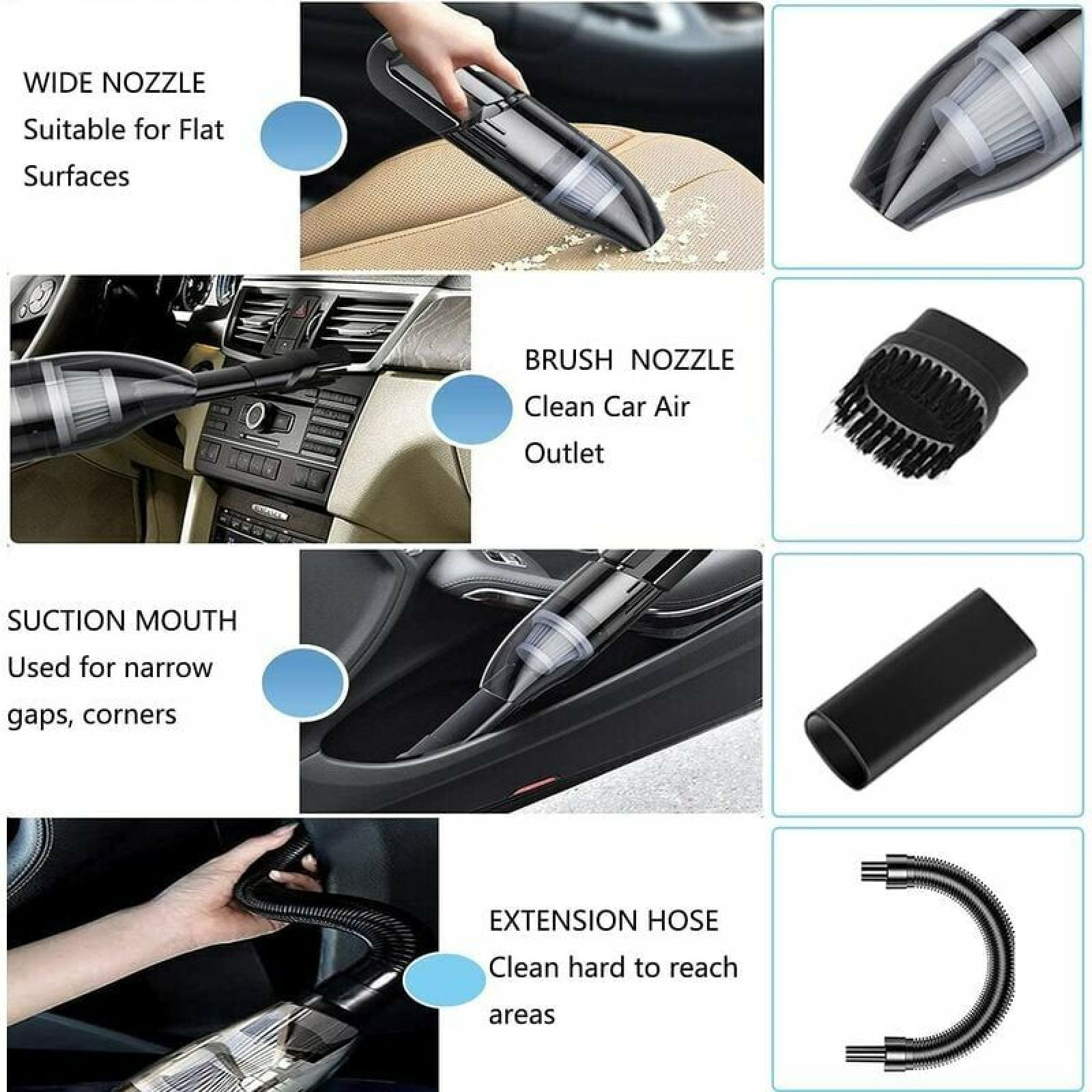 Handstaubsauger mit verschiedenen Aufsätzen für Auto-Innenraumreinigung.