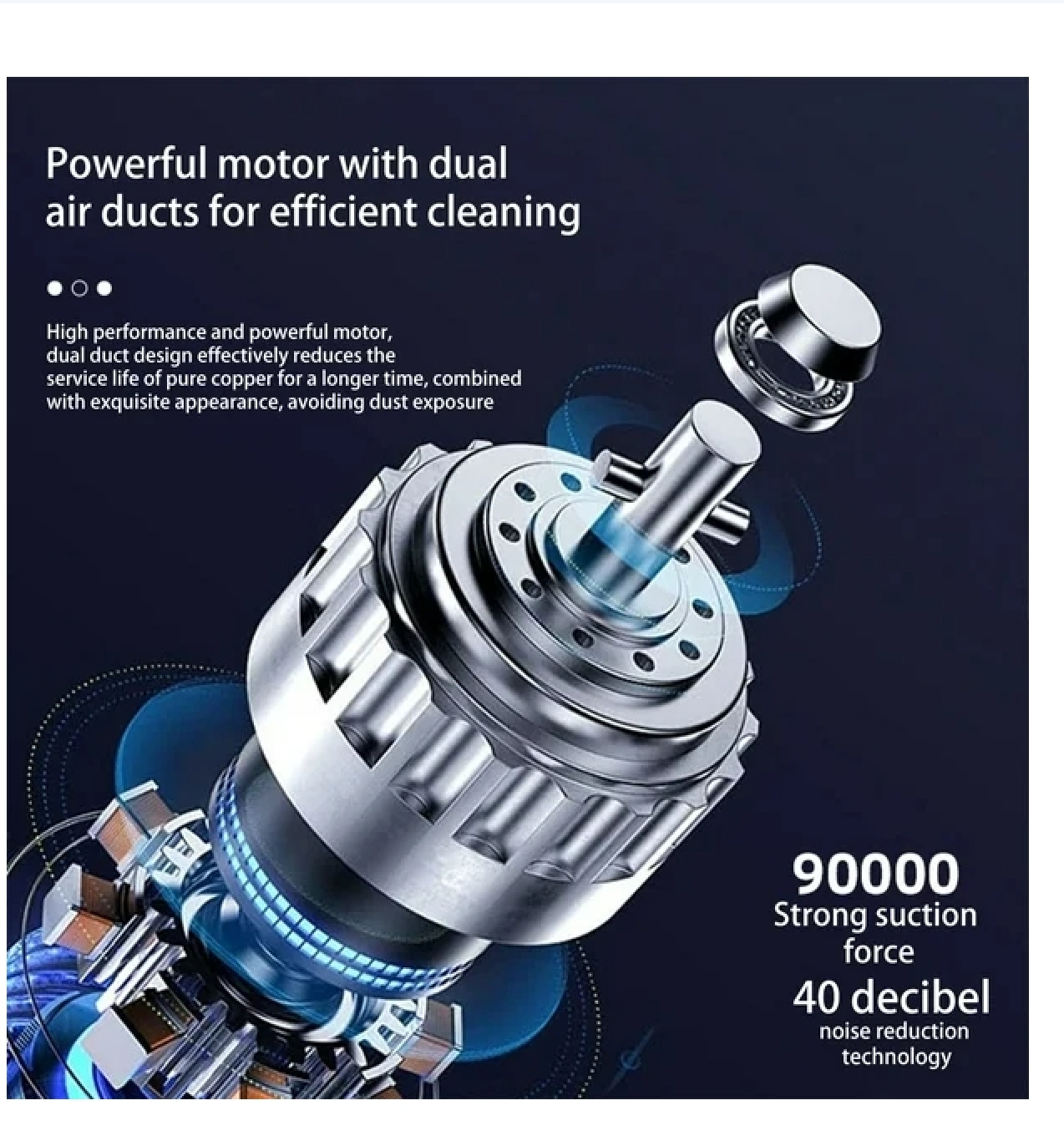 Leistungsstarker Motor mit zwei Luftkanälen für effiziente Reinigung.