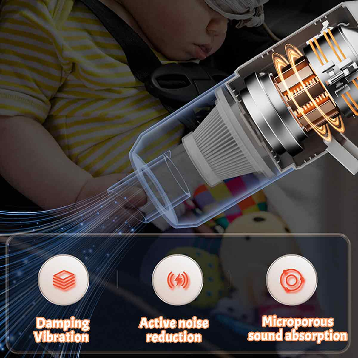 Baby im Kinderwagen, Nahaufnahme des tragbaren Staubsaugers mit Merkmalen: Dämpfung Vibration, aktive Geräuschreduzierung, mikroporöse Schallabsorption.