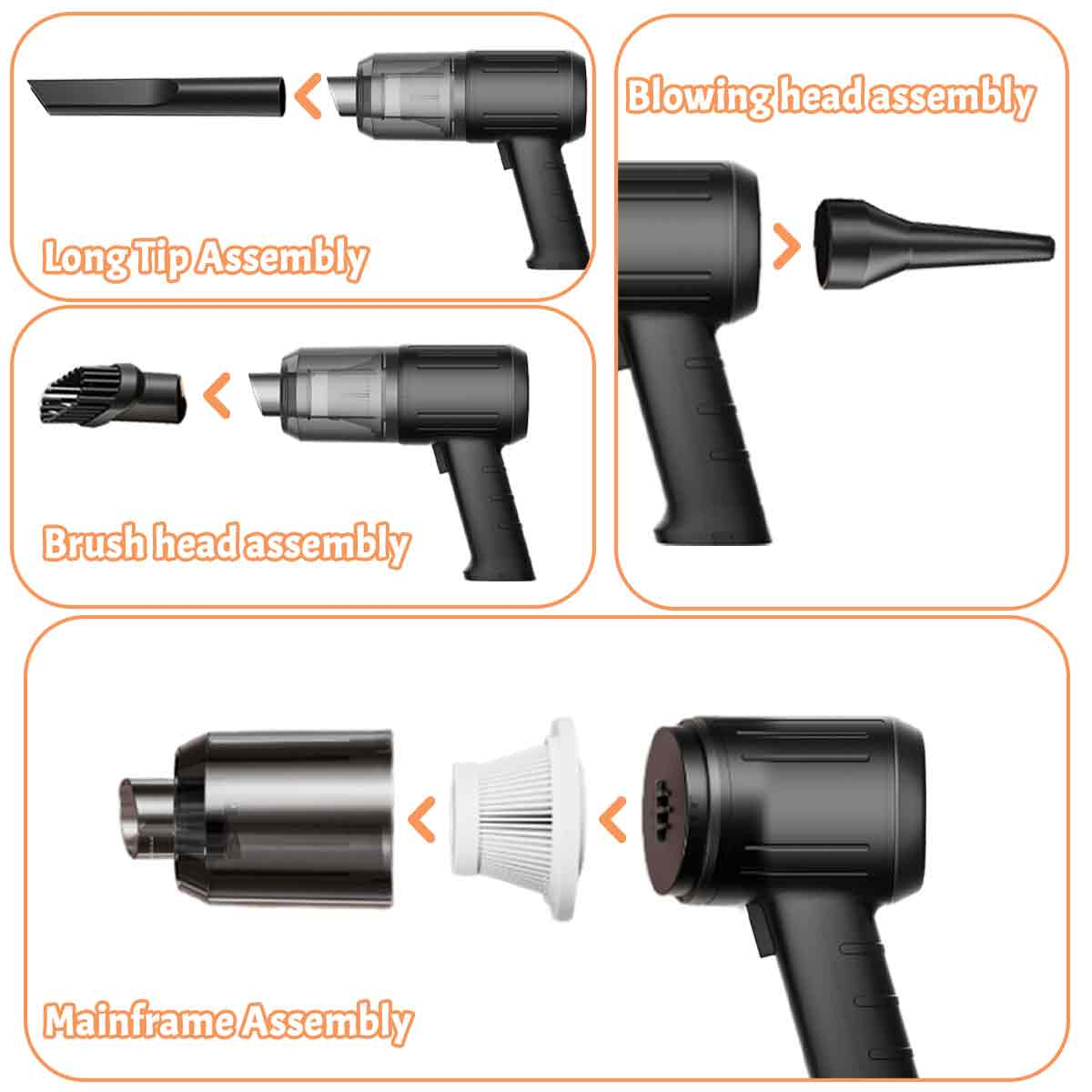 Abgebildet sind drei Montageschritte eines schwarzen Handstaubsaugers mit Zubehör.