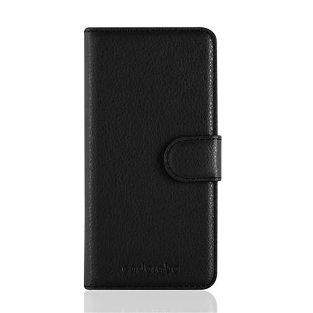 Schwarzes Leder-Flipcase mit Druckknopfverschluss auf weißem Hintergrund.