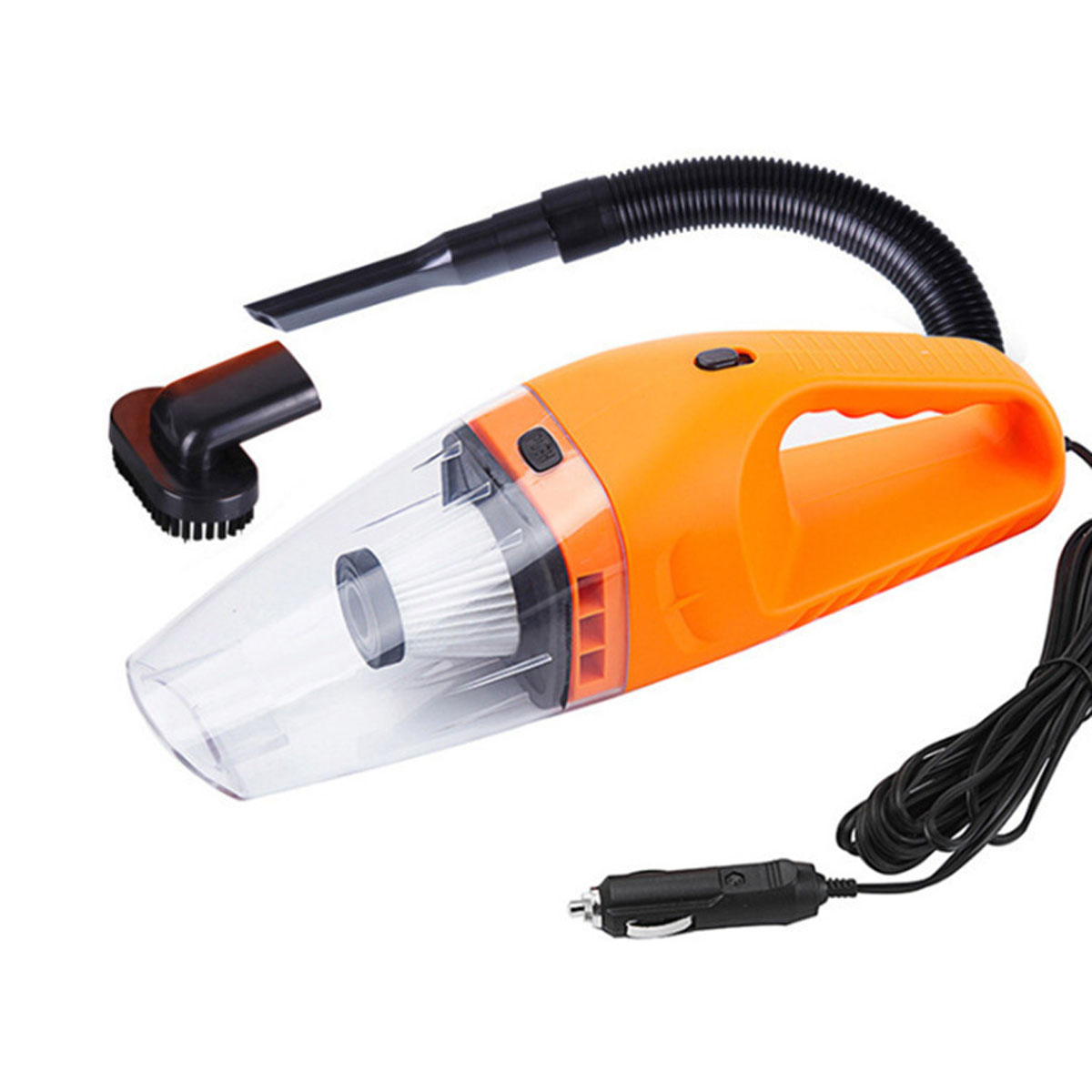 Orange Handstaubsauger mit durchsichtigem Staubbehälter, Bürste und Autoadapter.