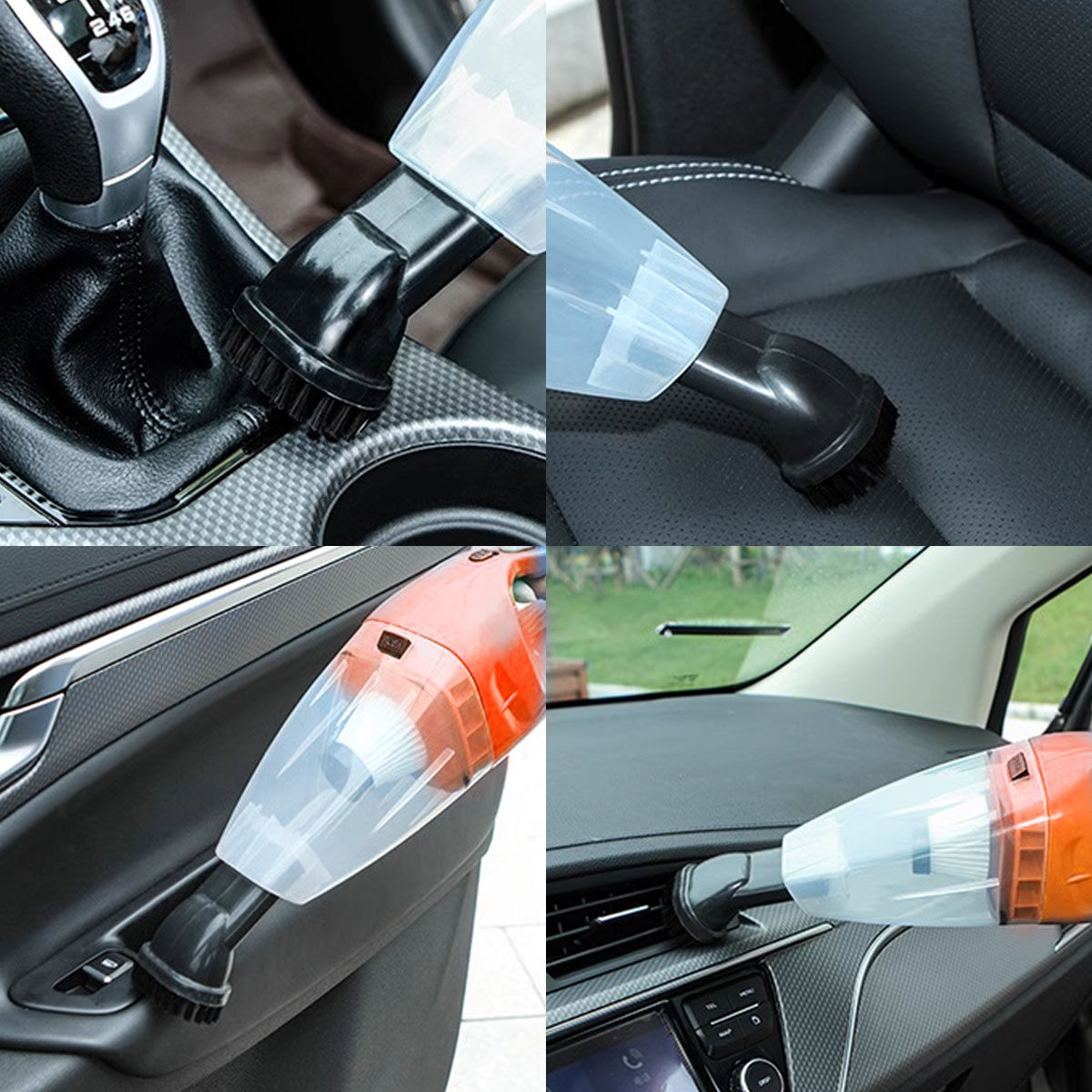 Ein Handstaubsauger reinigt das Innere eines Autos, einschließlich Sitze und Armaturenbrett.