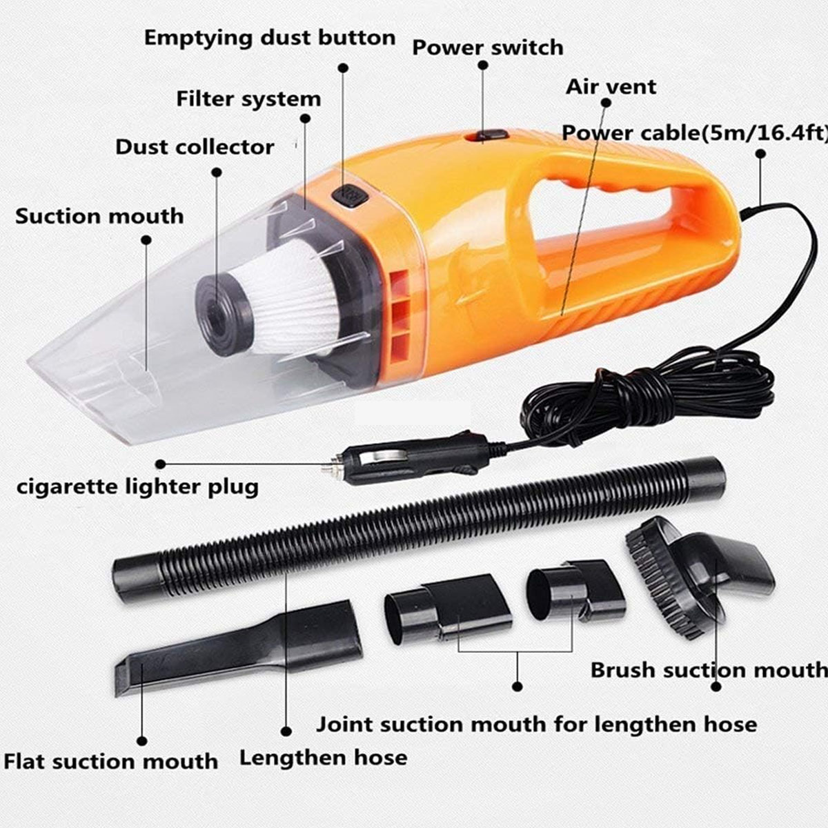 Orange Handstaubsauger mit Zubehör: Filter, Schlauch, Düsen, Kabel.