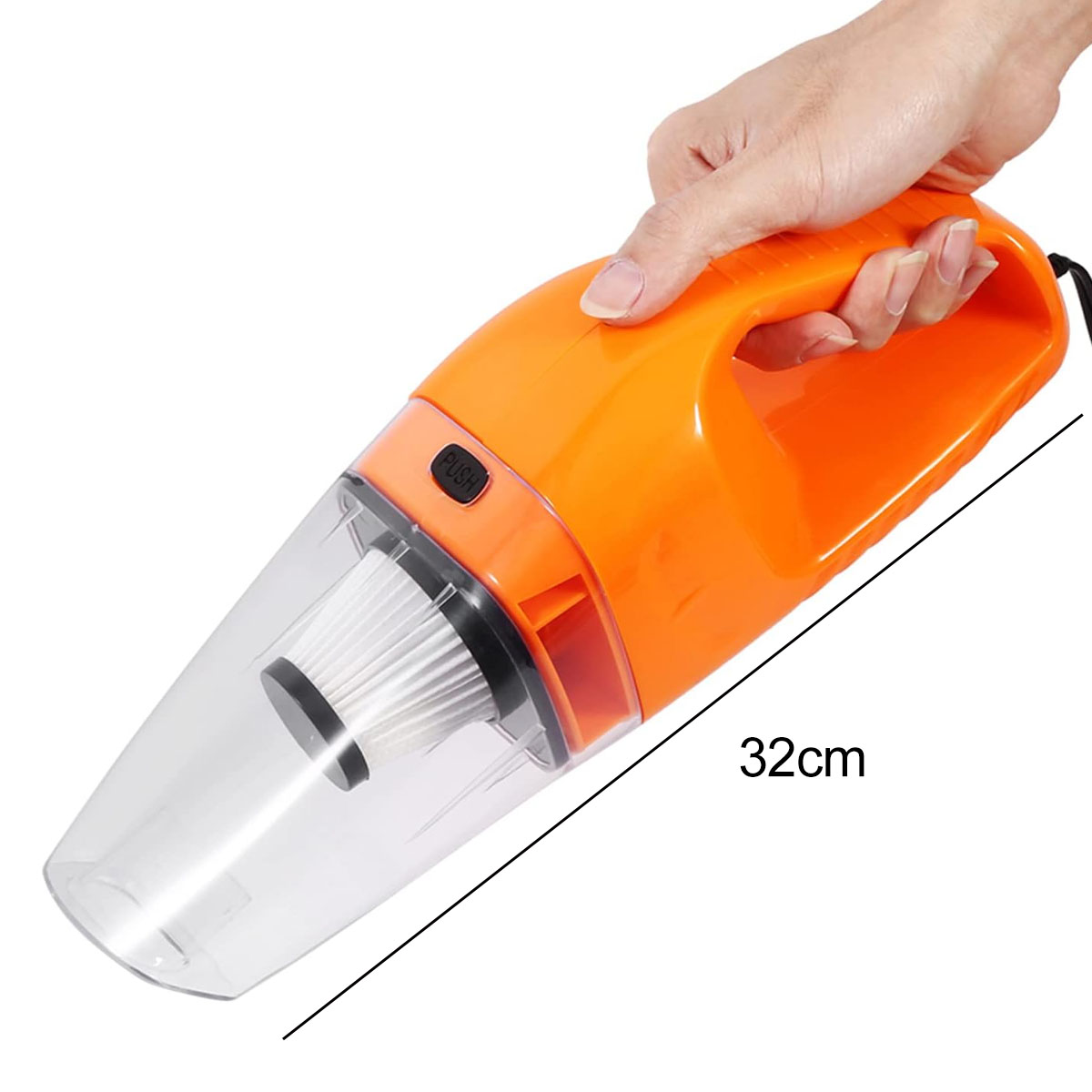Orange Handstaubsauger mit transparentem Behälter und Filter, von Hand gehalten.