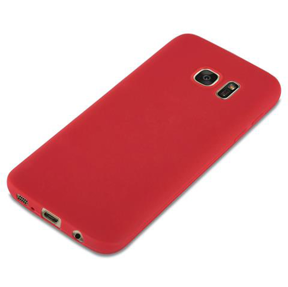 Custodia rossa per telefono con ritaglio fotocamera e porta di ricarica.