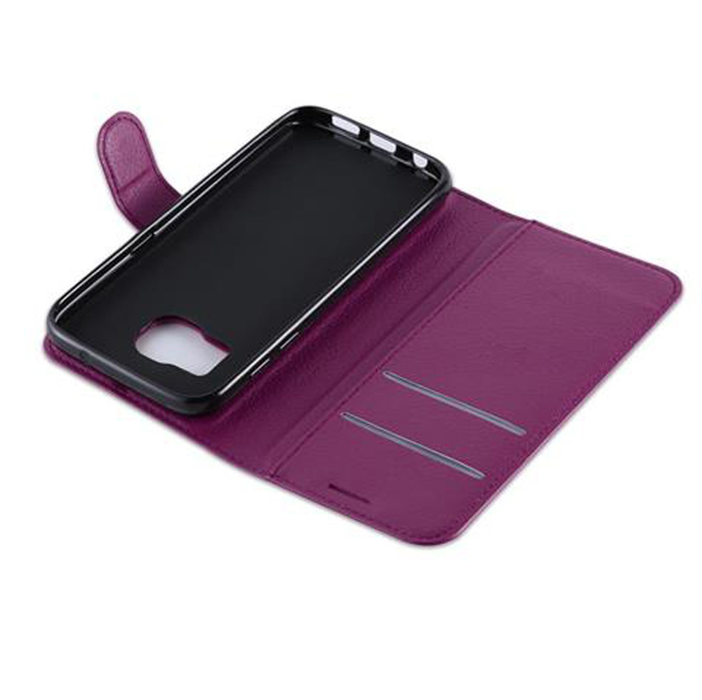 Custodia viola per telefono con inserto nero, aperta con slot.