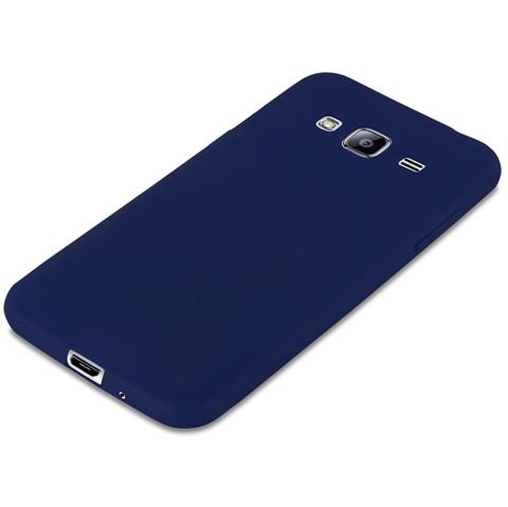 Custodia blu scuro per telefono con fotocamera e porta di ricarica.