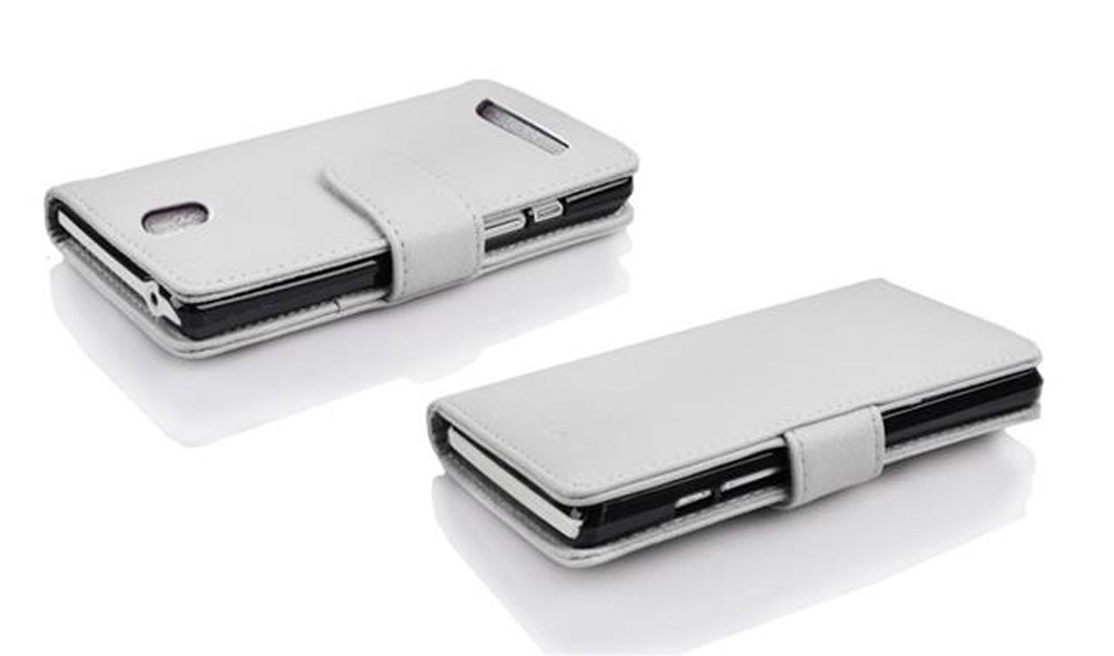 Due custodie per telefono a flip in pelle grigio chiaro su sfondo bianco.