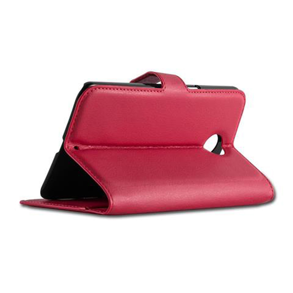 Custodia rossa per tablet con ritaglio e cinturino, su sfondo bianco.