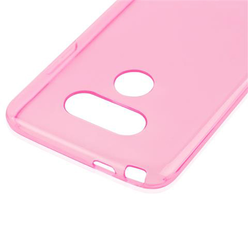 Eine durchsichtige rosa Handyhülle mit Ausschnitten für Kamera und Knöpfe.