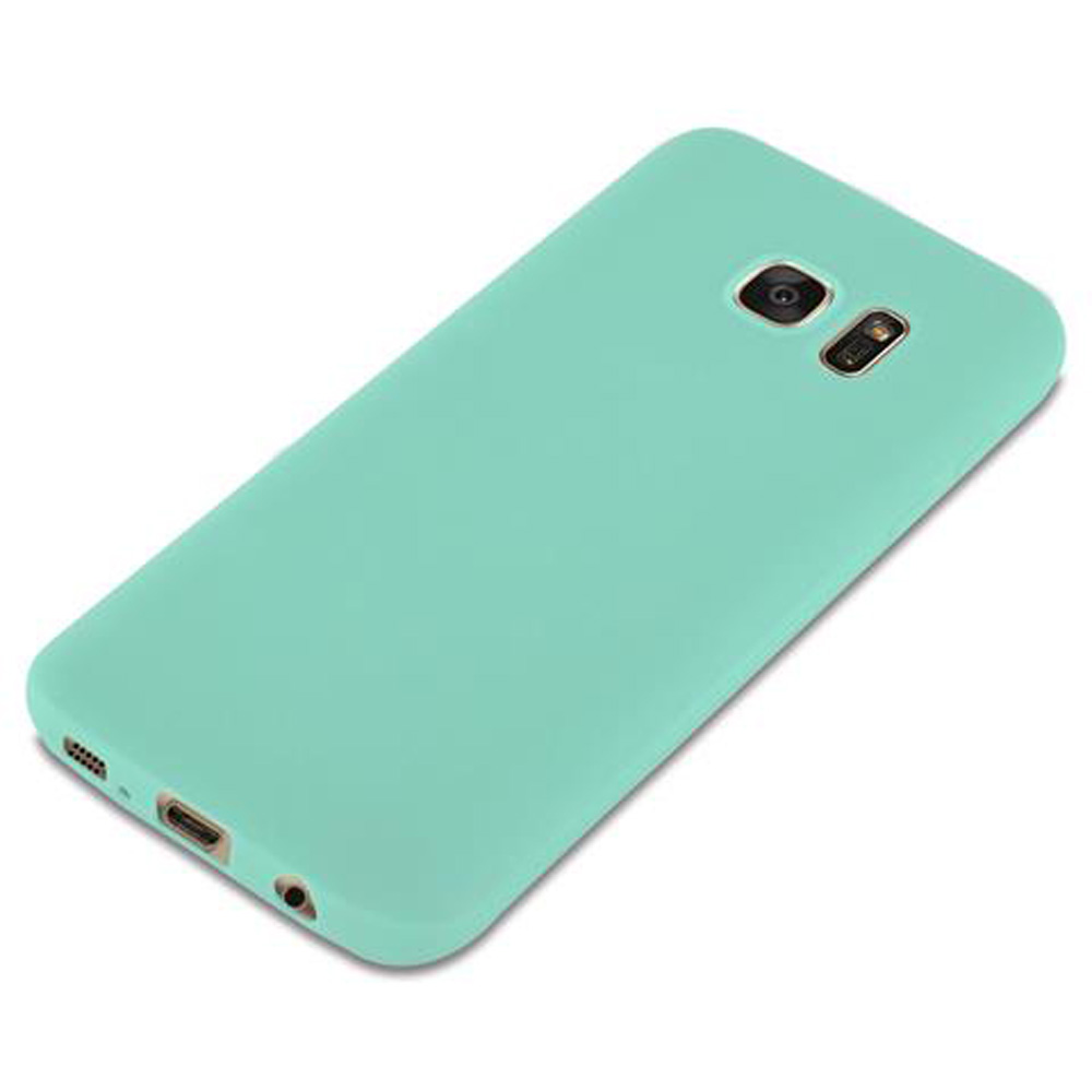 Una custodia per telefono color verde acqua vista di piatto.