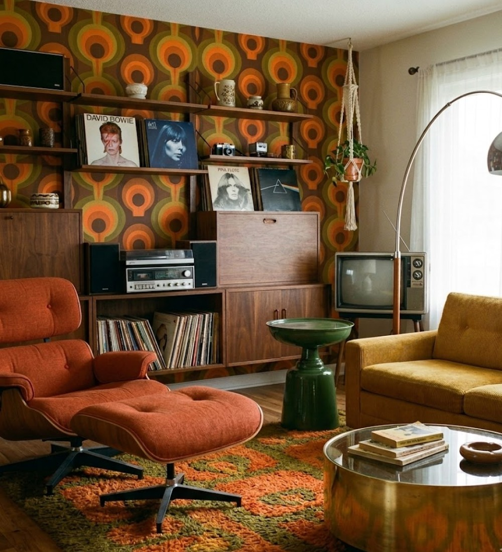 Turuncu koltuk, sarı kanepe, vinil kayıtlar ve desenli halı içeren retro oturma odası.