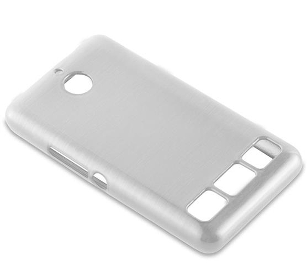 Una cover argentata per telefono con ritagli per fotocamera e pulsanti.