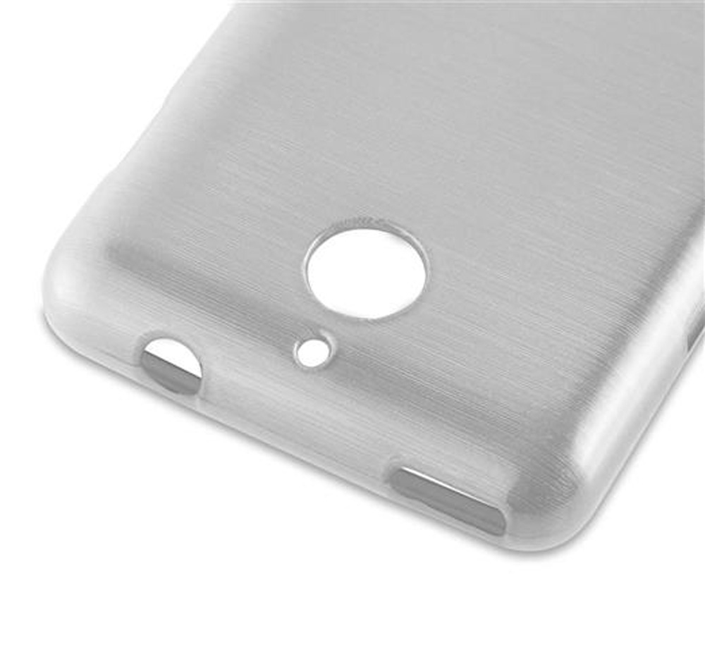 Custodia per telefono grigia con effetto metallo spazzolato e ritagli per fotocamera e porte.
