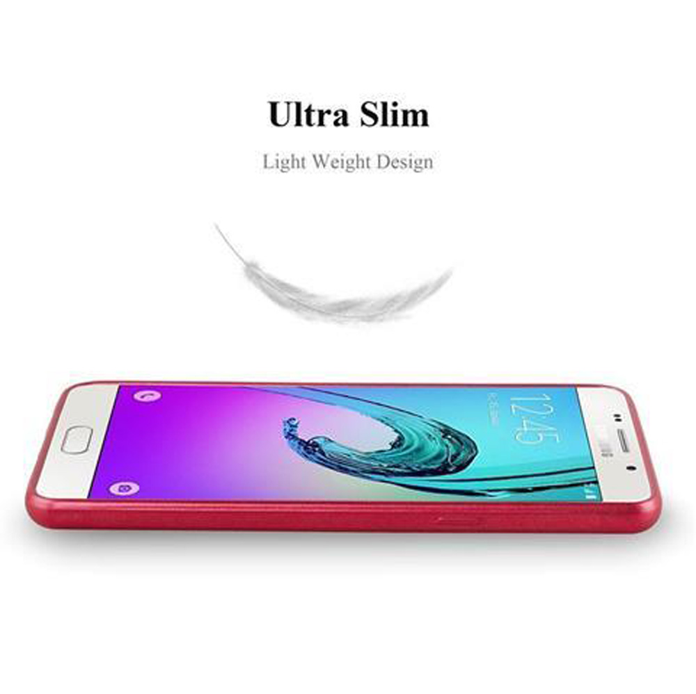 Ein ultraflaches, leichtes rotes Smartphone mit einem stilisierten Federmotiv.