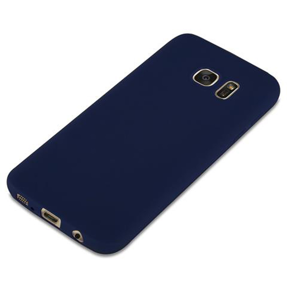 Custodia blu scuro per telefono con obiettivo fotocamera e porte visibili.