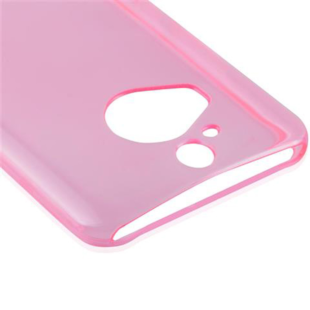 Transparente rosa Handyhülle mit Ausschnitten für Kamera und Knöpfe.