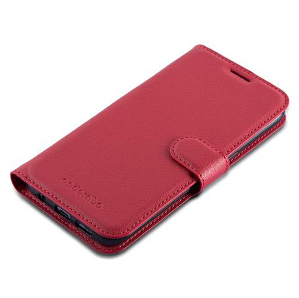 Una custodia per telefono in pelle rossa con chiusura, su sfondo bianco.