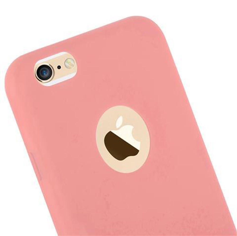 Retro di una cover per telefono rosa con logo Apple e fotocamera.