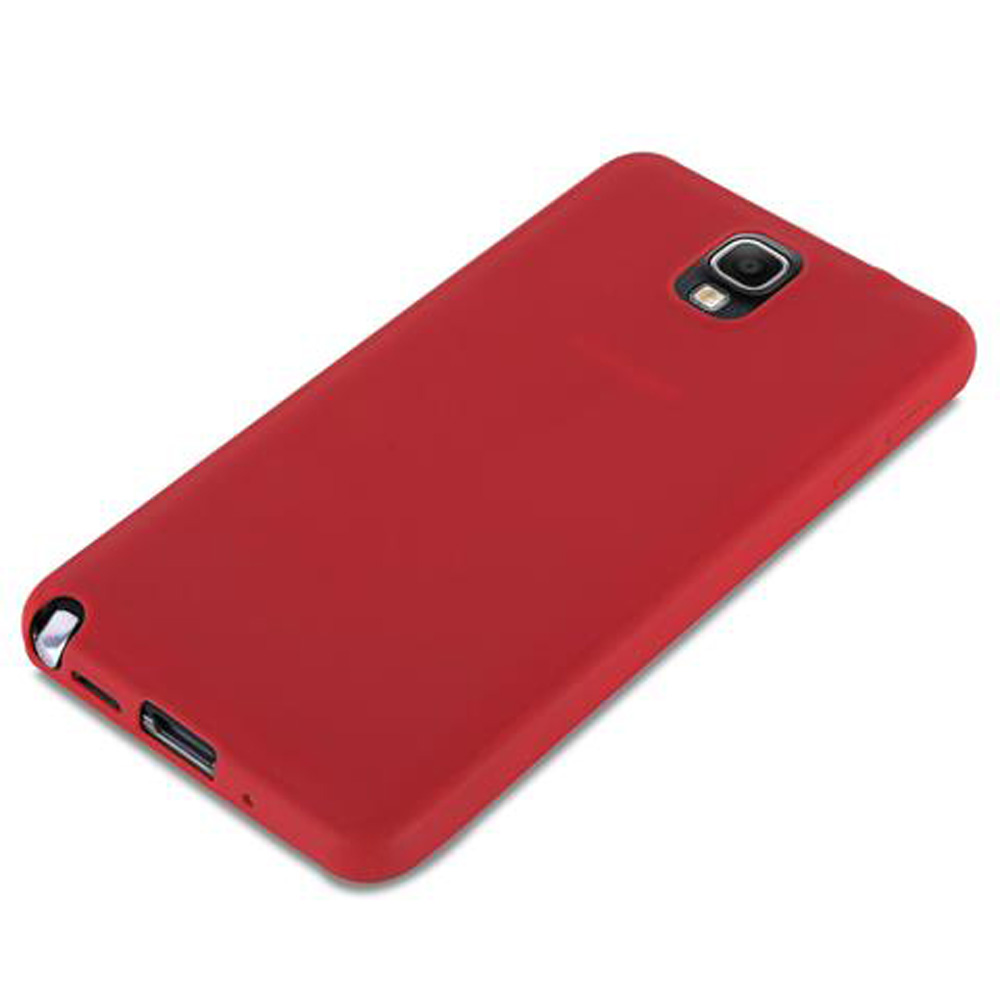 Funda roja para teléfono con recorte de cámara y puerto de carga.