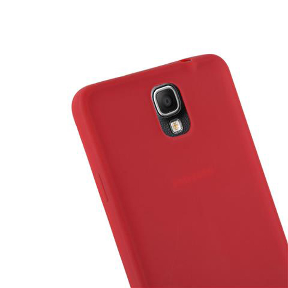 Funda de teléfono roja con lente de cámara y flash.