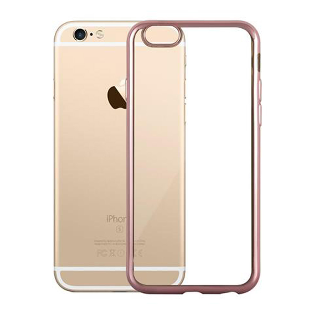 Un iPhone 6 dorato accanto a una custodia rosa.