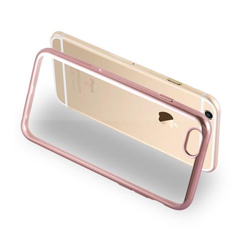 Un iPhone color oro rosa con cornice trasparente su sfondo bianco.