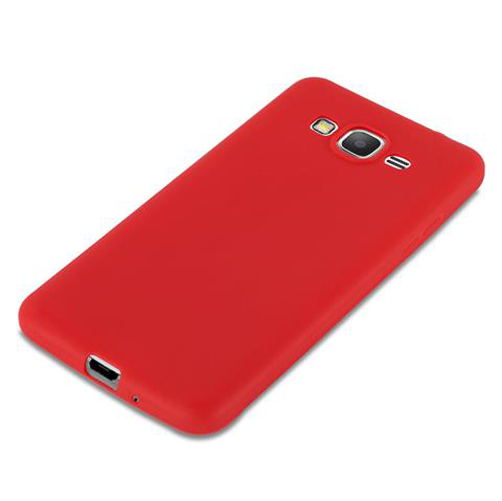 Custodia rossa per cellulare con foro fotocamera e flash in alto.