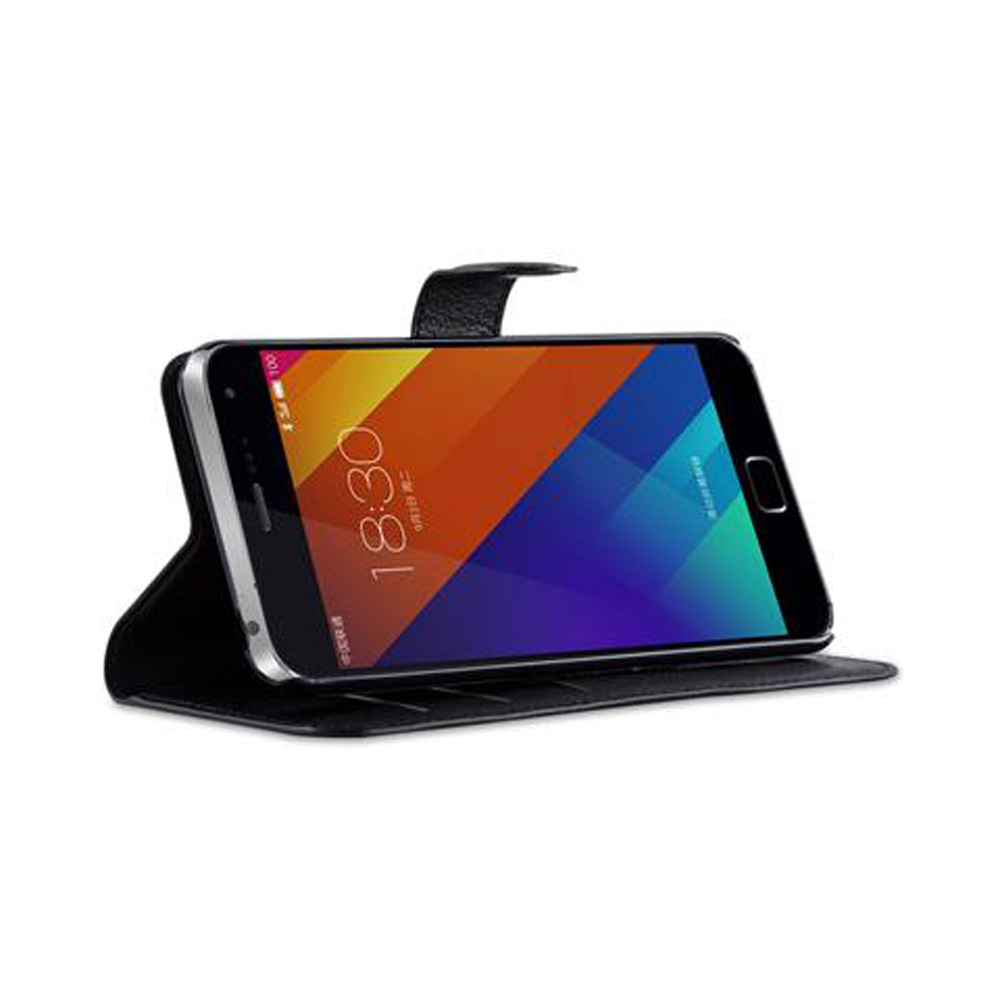 Ein schwarzes Smartphone mit bunten Hintergrundbildern in einer schwarzen Hülle.