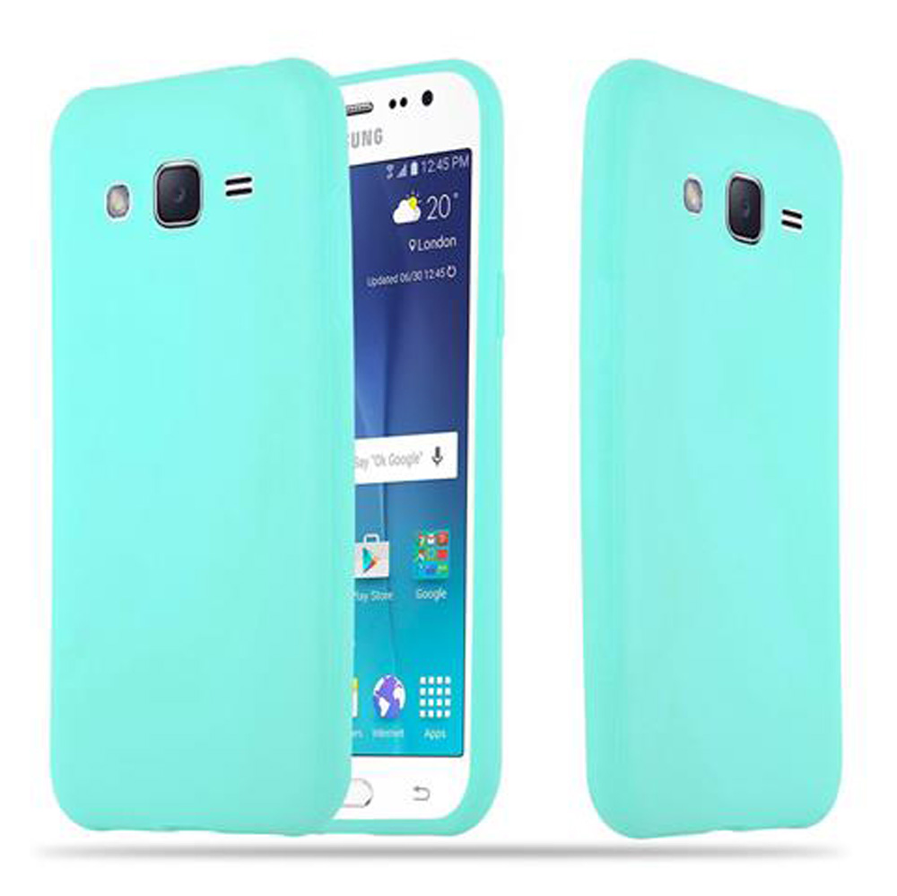 Due custodie per telefono color acqua marina affiancano uno smartphone che mostra un'app meteo.
