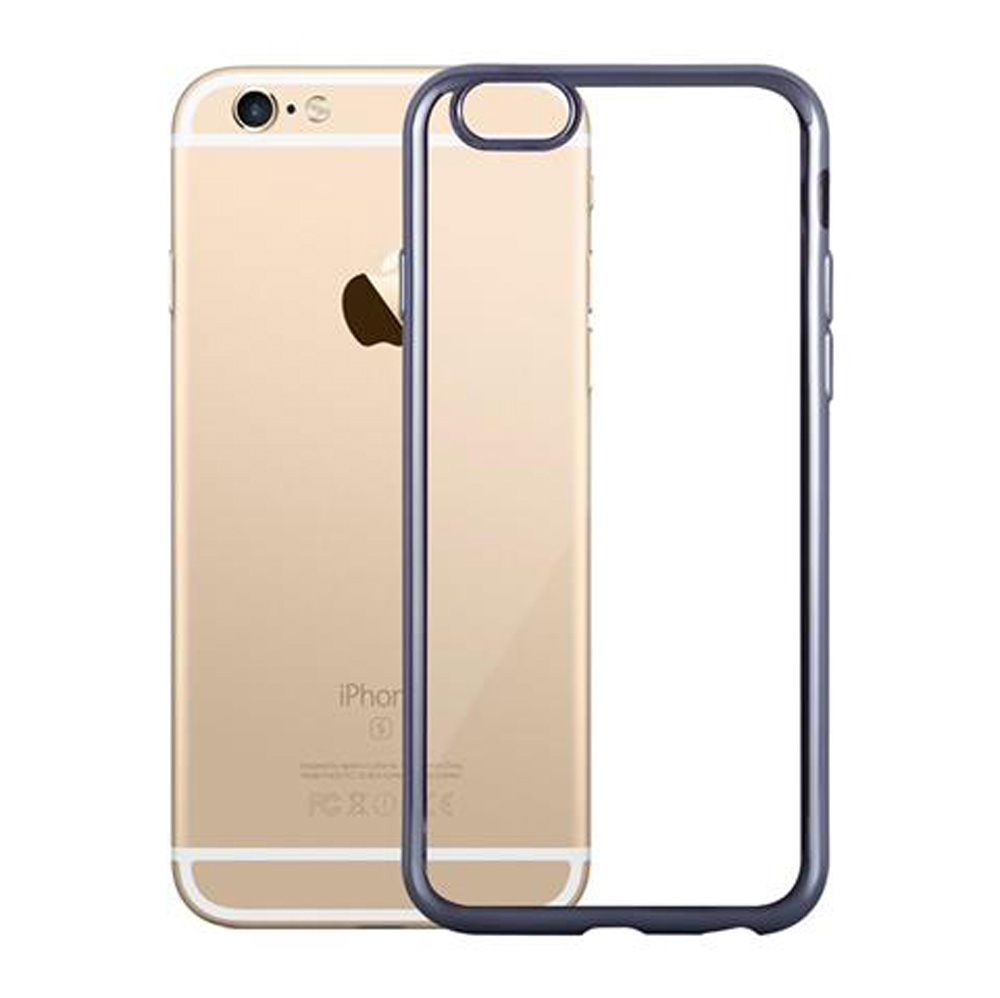 iPhone dorato accanto a una custodia blu trasparente.