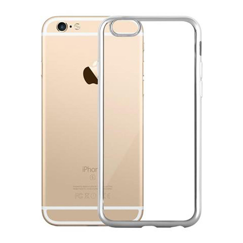 iPhone 6 dorato con custodia protettiva trasparente su sfondo bianco.
