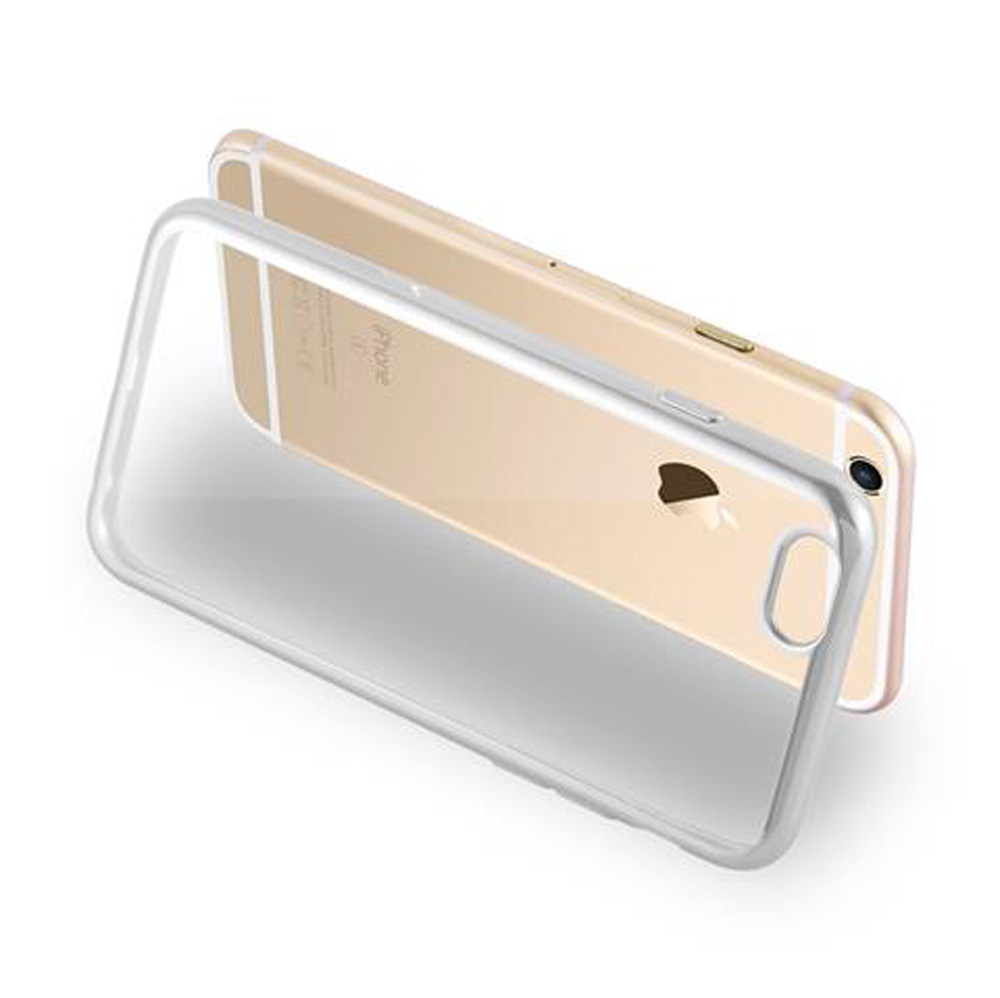 Una cover trasparente per telefono giace sopra un iPhone 6s dorato, mostrando la sua fotocamera e logo.