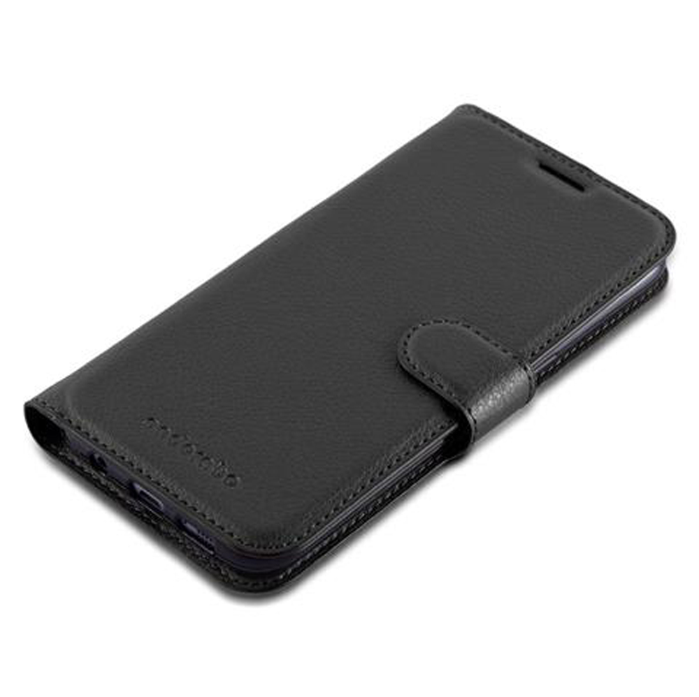 Schwarze Leder-Flip-Handyhülle mit sicherem Riemen und Nähten.