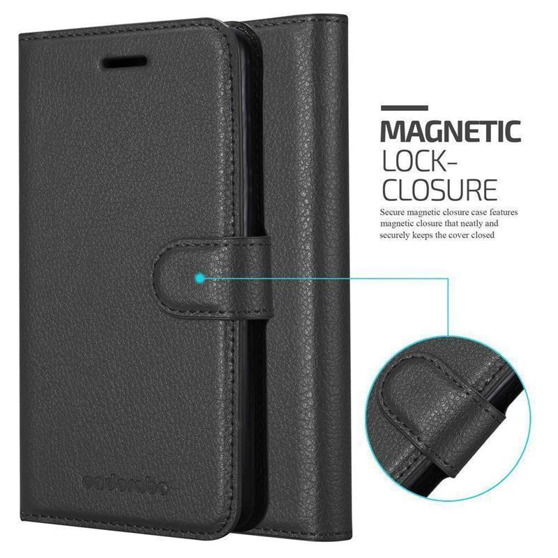 Custodia in pelle nera con chiusura magnetica, dettaglio della chiusura mostrato.