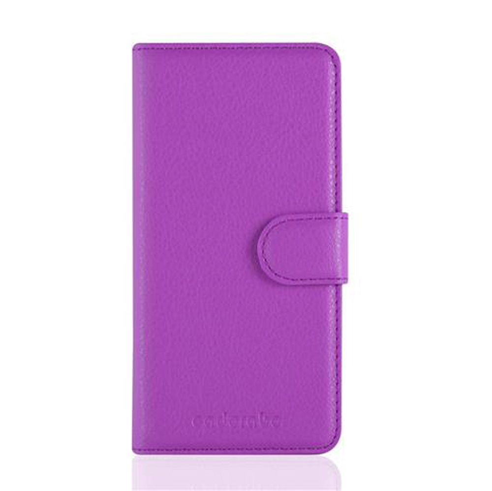 Custodia a libro viola con chiusura a scatto e logo visibile.