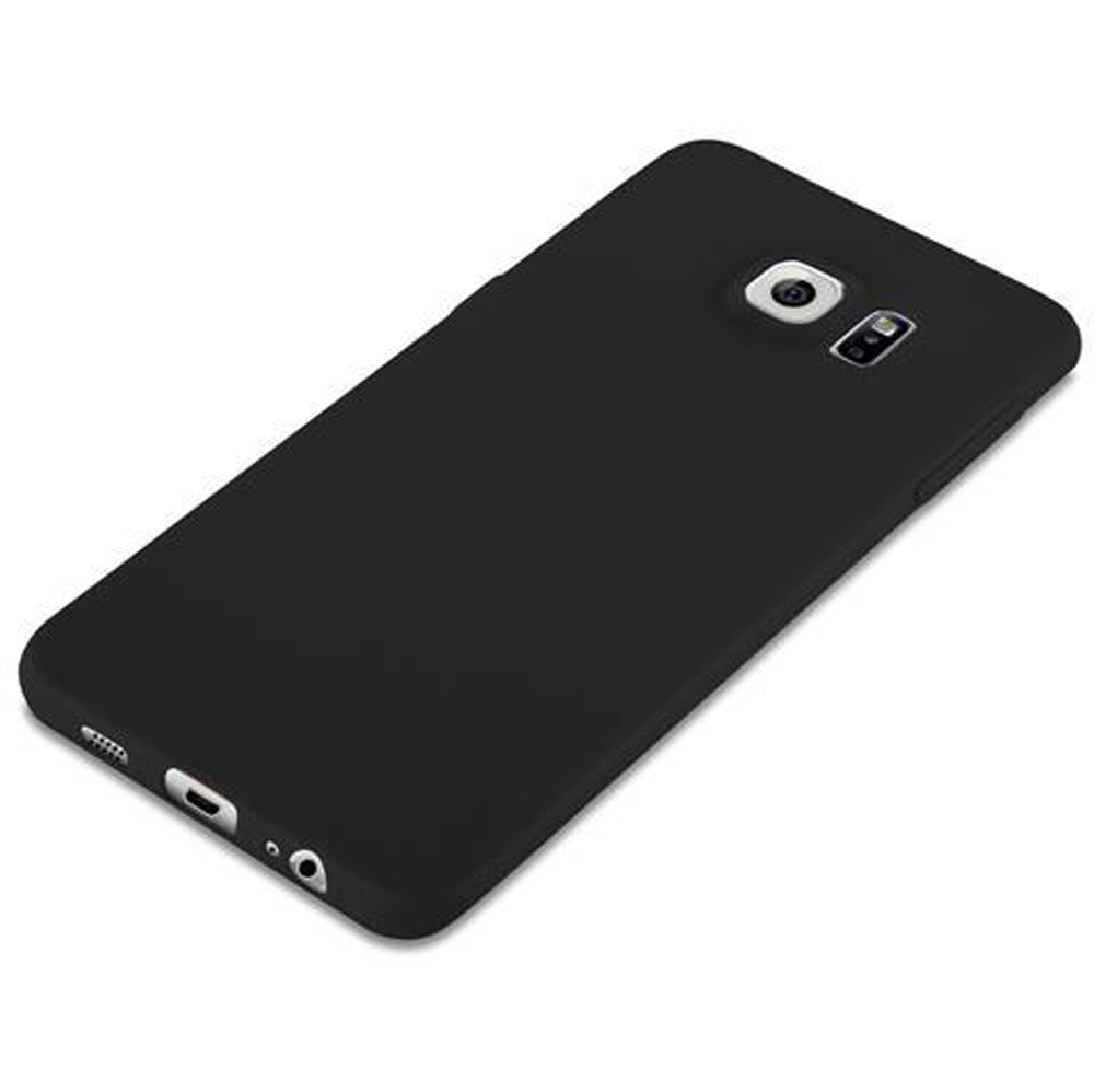 Custodia nera per smartphone con lenti e porte, su sfondo bianco.