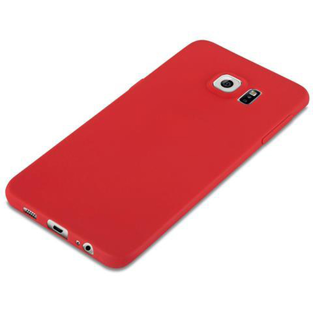 Cover rossa per telefono su sfondo bianco, con porta di ricarica e jack cuffie.