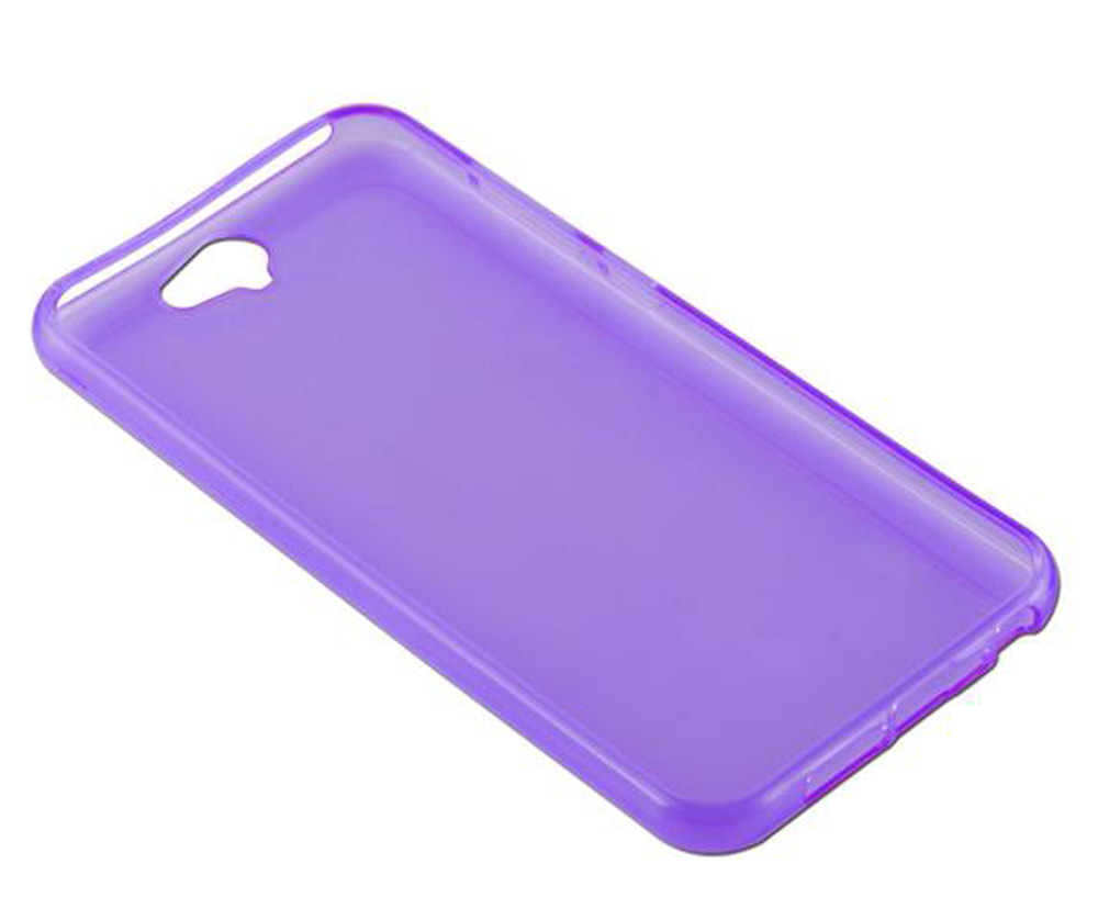 Ein transparenter, violetter Handykasten mit Aussparungen für Kamera und Knöpfe.