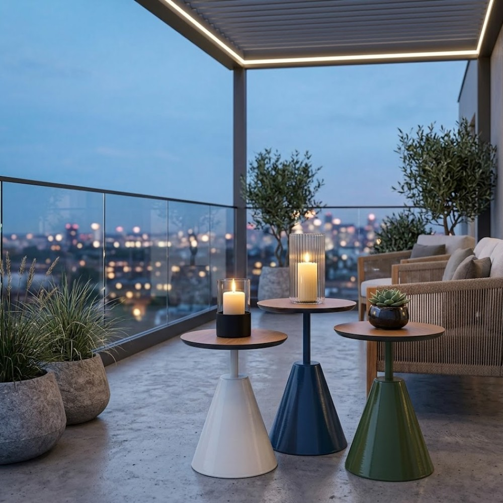Mumlar, bitkiler ve şehir manzaralı, gece aydınlatılmış bir balkon.