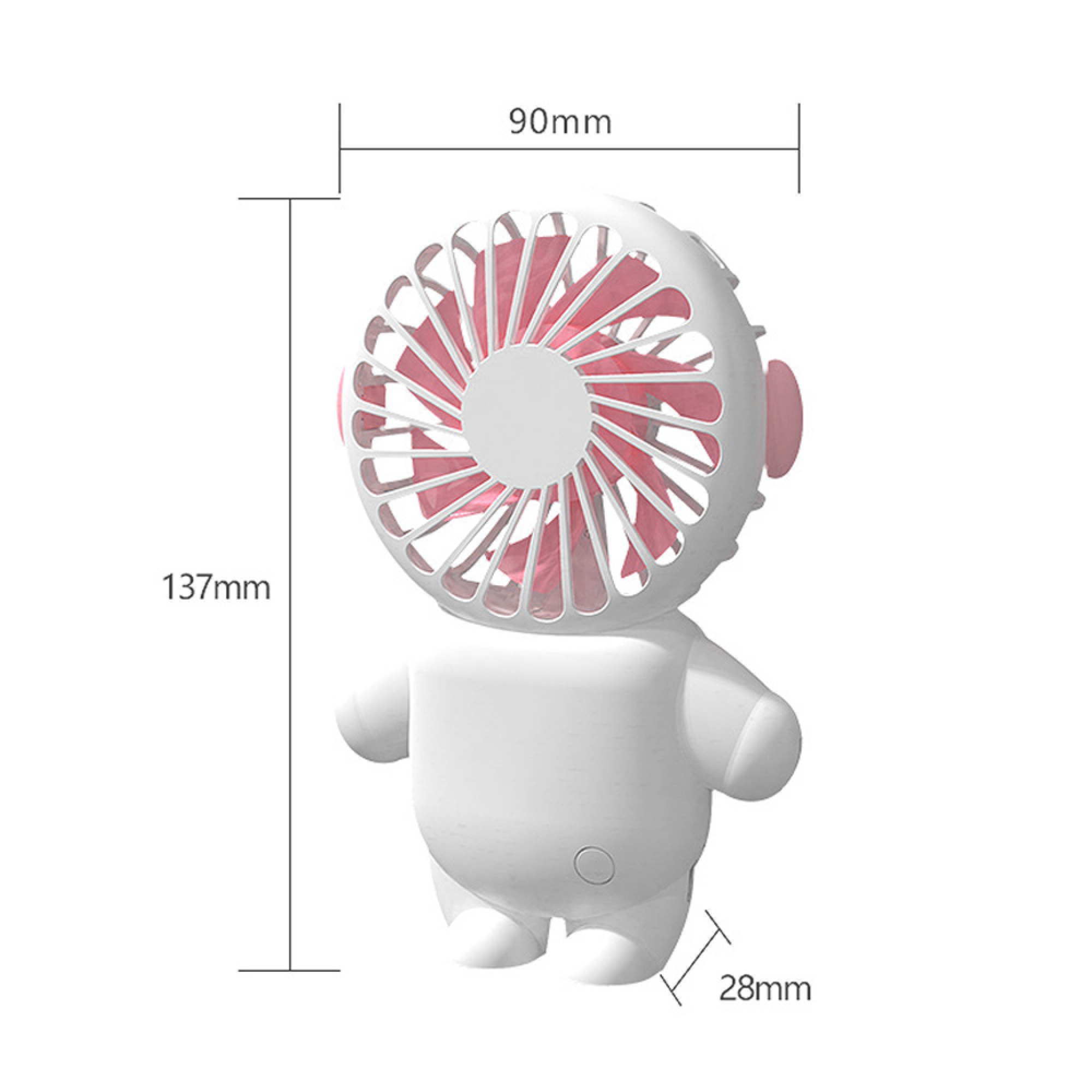 Ein weier Mini-Ventilator mit rosa Rotorblttern, der wie eine Figur aussieht.
