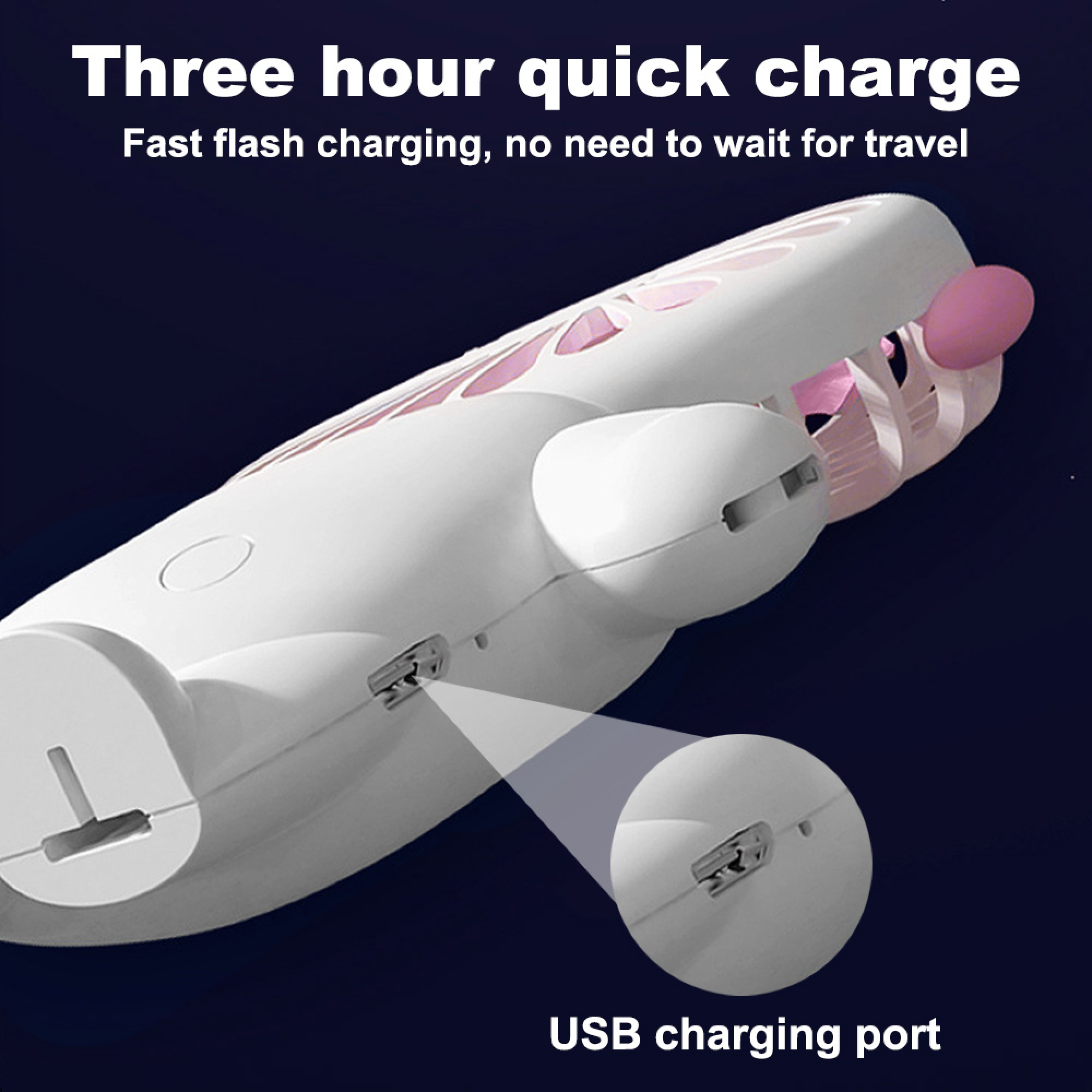 Ein weiße tragbare Lüfter mit USB-Ladeanschluss.