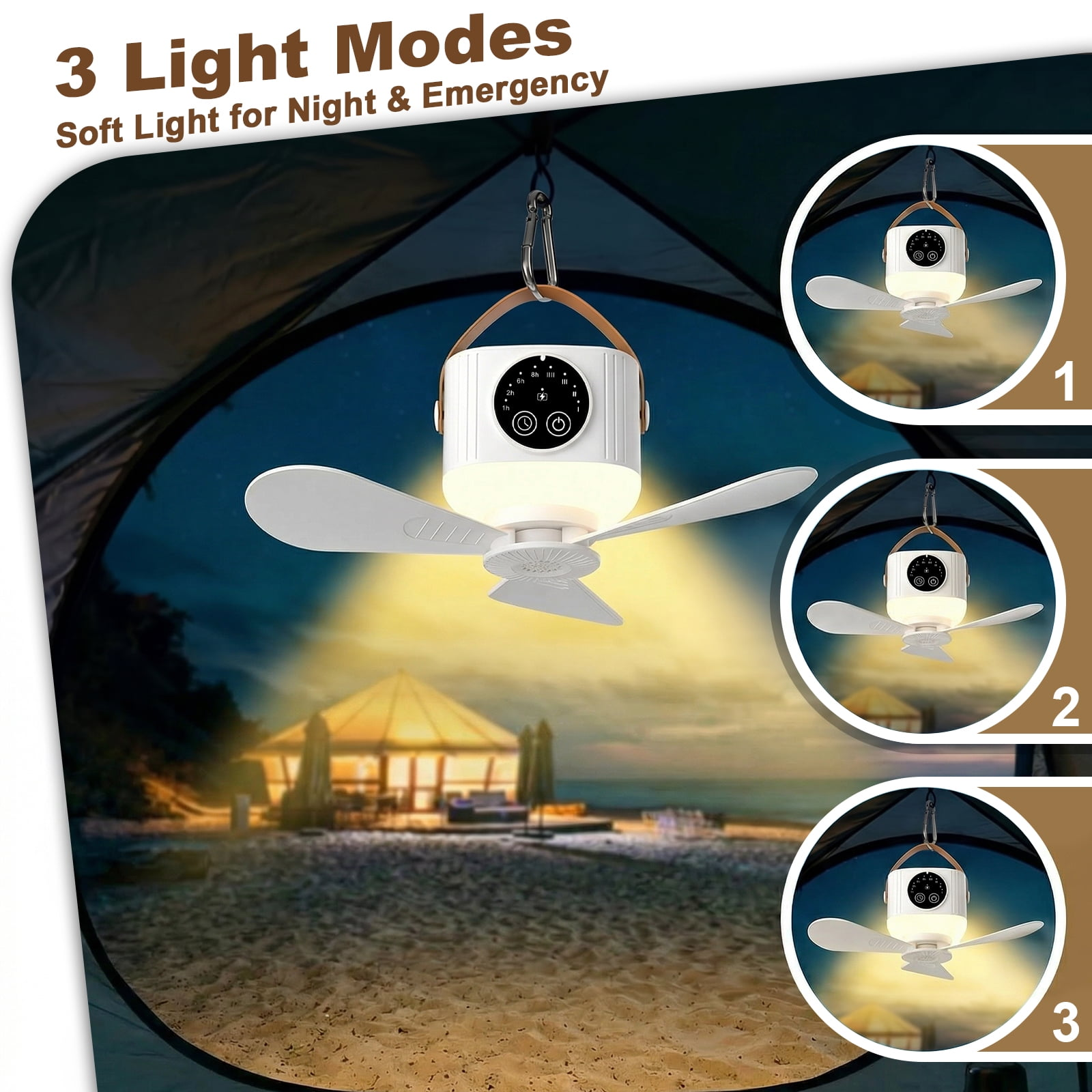Ein Camping-Ventilator mit Licht hängt in einem Zelt über einem Strand.