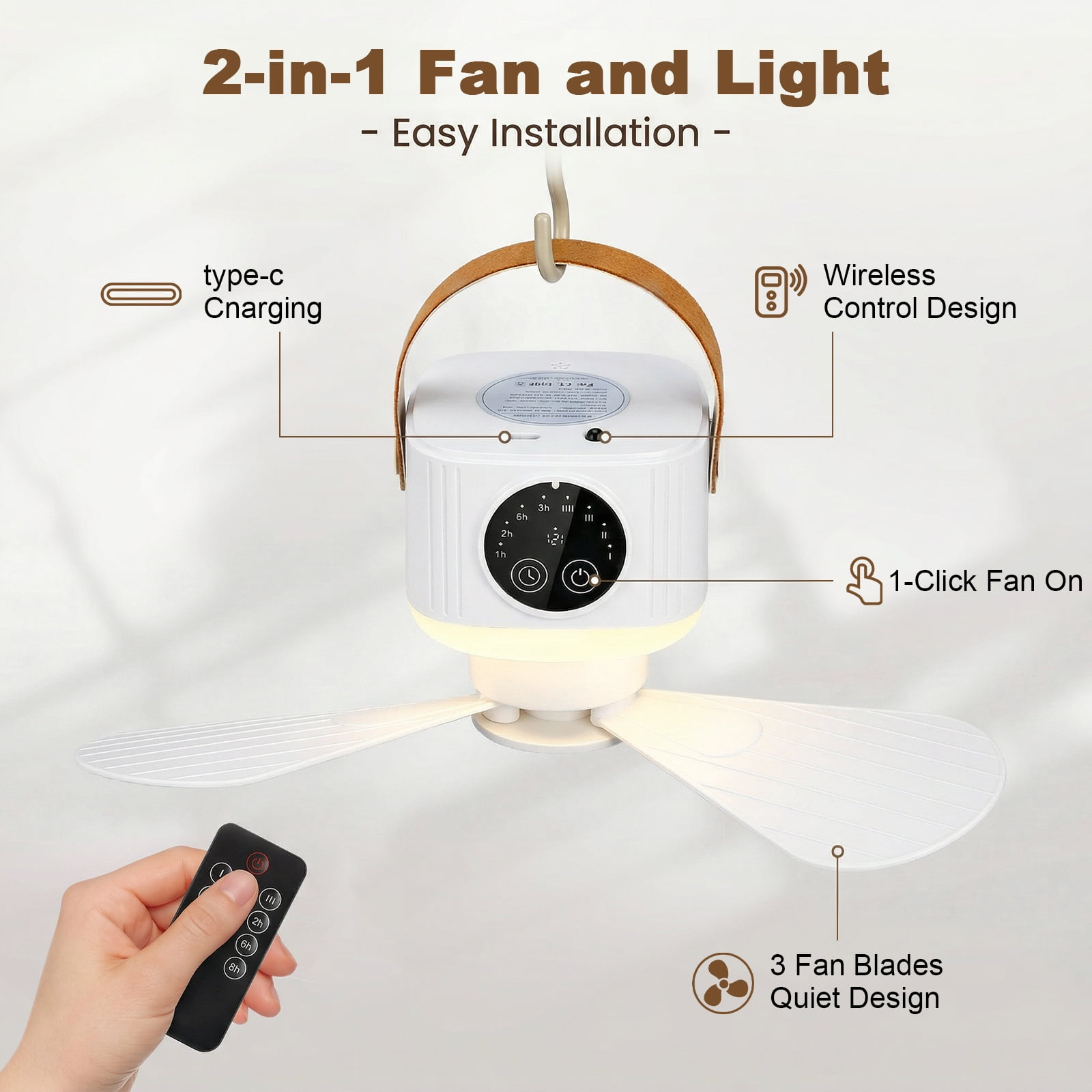 Weiße 2-in-1-Ventilator- und Leuchteinheit mit Fernbedienung. Mit Typ-C-Ladefunktion.